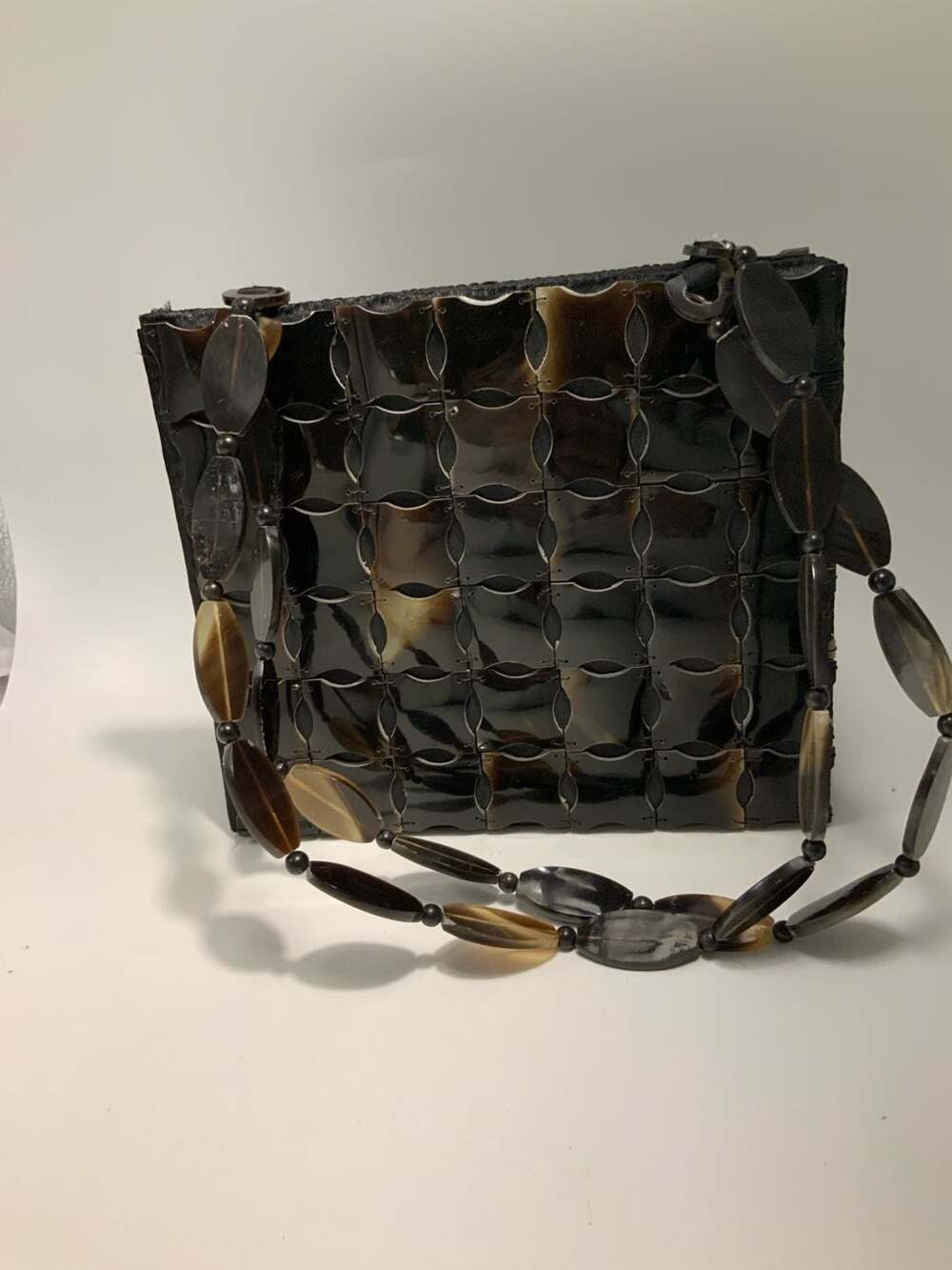 Mad Bags Vintage Brown and Black Resin Tiled Geometric Handbag with Bead Strap